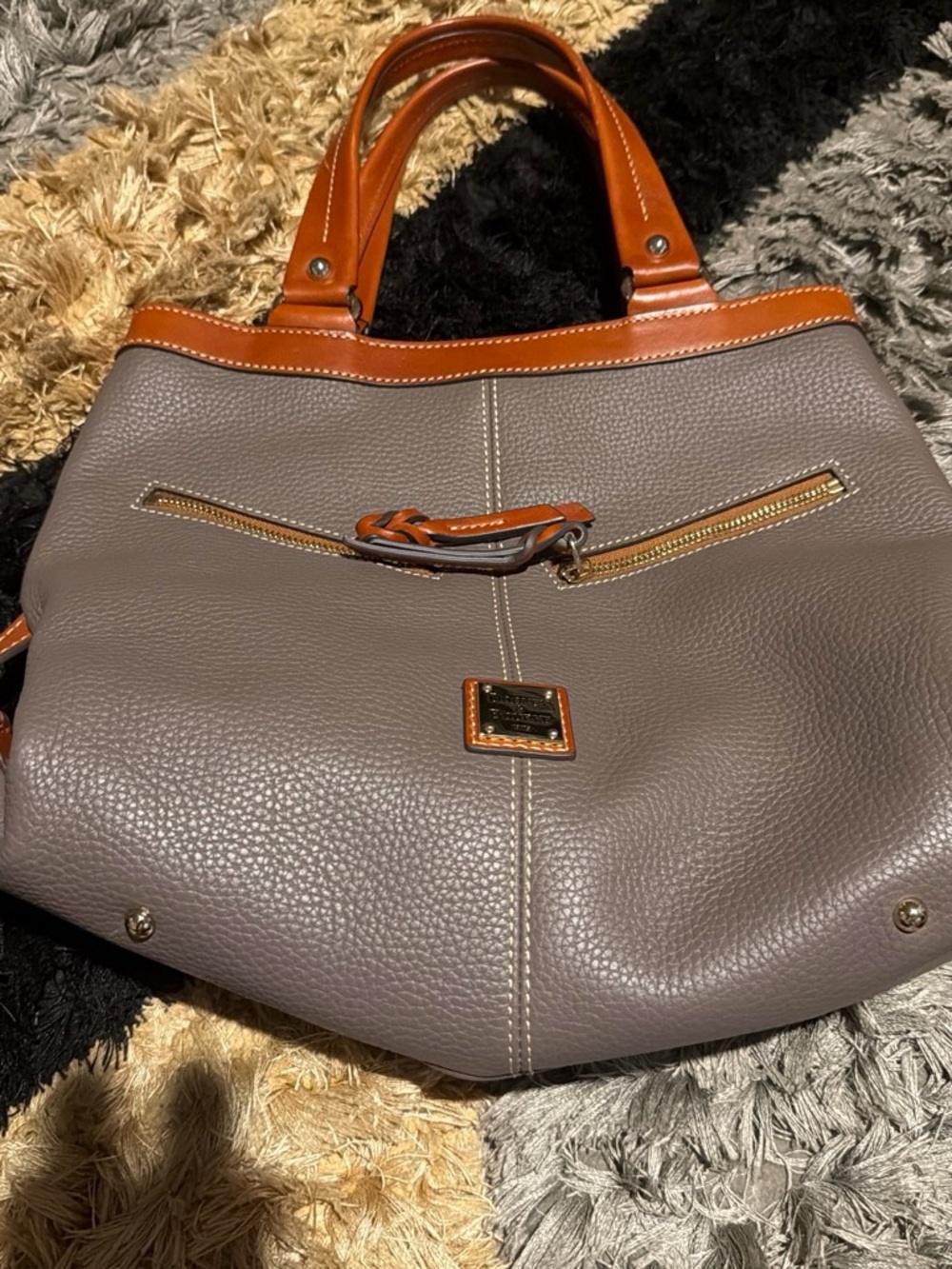 Dooney & Bourke Gray Leather Tote with Brown Trim